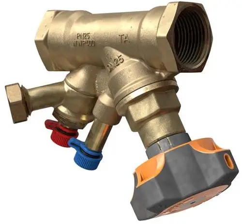Einregulierventil aus Messing von IMI Hydronic Engineering mit zwei Absperrventilen in blau und rot, einem Gewindeanschluss und einem runden Handrad.